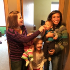 We visited Jessie and Teagan, and met Ainsley (their newest addition)! We posed for a photo and when no one was looking, I stole Ainsley's pacifier!